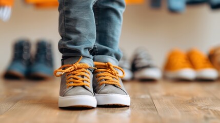 Excited Child Trying on Back-to-School Shoes in Fitting Room