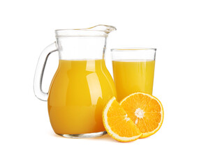 Tasty orange juice in jug, glass and citrus fruit isolated on white