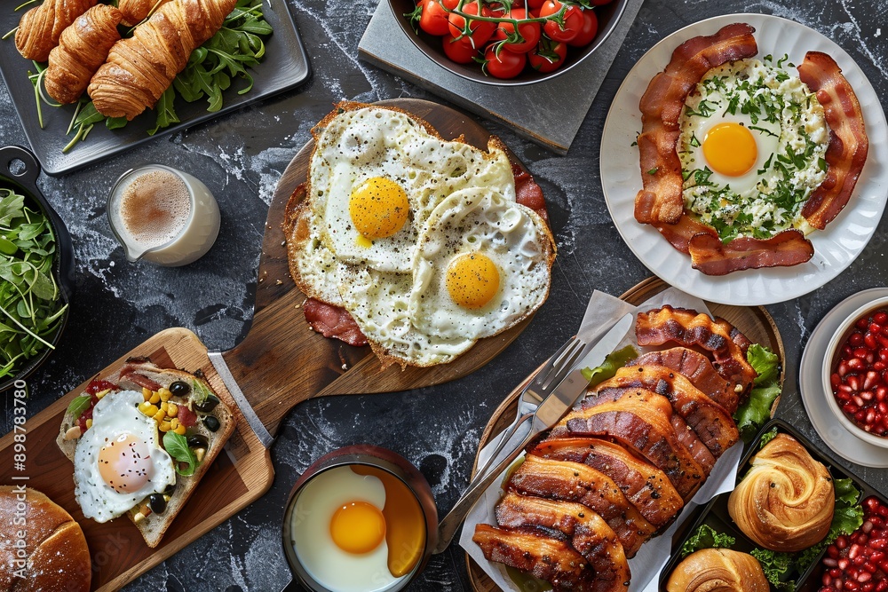 Wall mural a brunch spread with a variety of dishes, including eggs, bacon, pastries, and fresh fruit