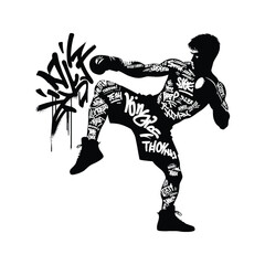 Fototapeta premium Boxing, Kickboxing male player in graffiti tags, street art pattern illustration, emblem shield badge
