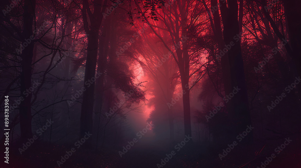 Aufkleber scary scene in a dark forest as red fog covers a path among the trees