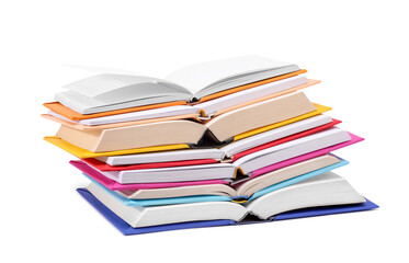 Stack of open colorful books isolated on white