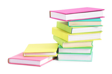 Many bright colorful books isolated on white