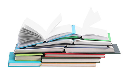 Many bright colorful books isolated on white