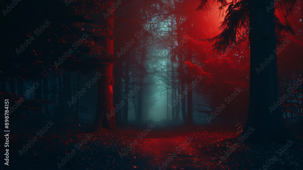 Aufkleber red light is illuminating a path in a dark and foggy forest at night