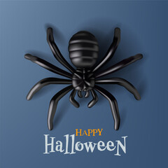 Black spider, top view, 3D. Happy Halloween. Creepy, scary. Realistic spider on dark blue background. Vector illustration.