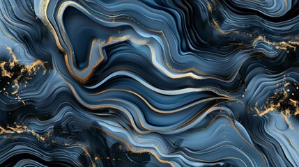 Obraz premium Abstract fluid art painting background with alcohol ink technique creating blue wavy lines and golden glitter