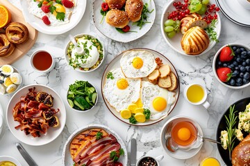 a brunch spread with a variety of dishes, including eggs, bacon, pastries, and fresh fruit