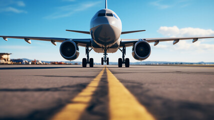Naklejka premium A medium shot showing the main landing gear of a modern large commercial airplane standing on the asphalt landing strip during day-time 