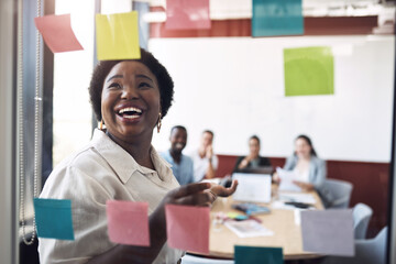 Meeting, happy woman or planning on glass in startup for brainstorming, information or organizing project goal. Smile, sticky note and creative ideas on paper for reminder, timeline and team schedule
