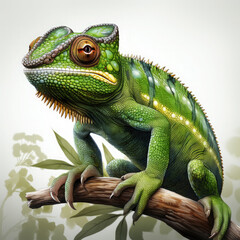 Obraz premium Watercolor Green color chameleon close up, clipart Illustration, Generative Ai