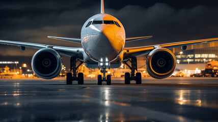 A close-up showing the main landing gear of a modern large commercial airplane standing on the asphalt landing strip during night-time 