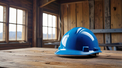 Safety blue helmet on wooden table with wood and window background. Generative AI