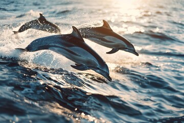 Playful dolphins jumping above the waves with copy space.