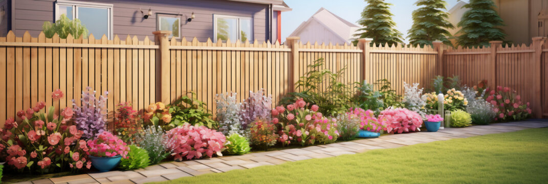 A modern backyard with wooden fencing with colorful flowerbeds in front of a grass area 