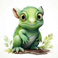 Obraz premium Watercolor Green color chameleon close up, clipart Illustration, Generative Ai