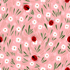 Seamless pattern with ladybug, flowers and leaves. An insect crawls among flowering plants.