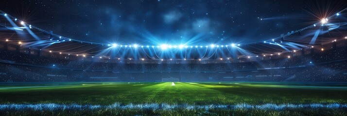 A large stadium is bathed in bright lights, with an empty field illuminated in the foreground. The stands are full of spectators, all looking up at the bright lights. Generative AI