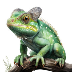 Obraz premium Watercolor Green color chameleon close up, clipart Illustration, Generative Ai