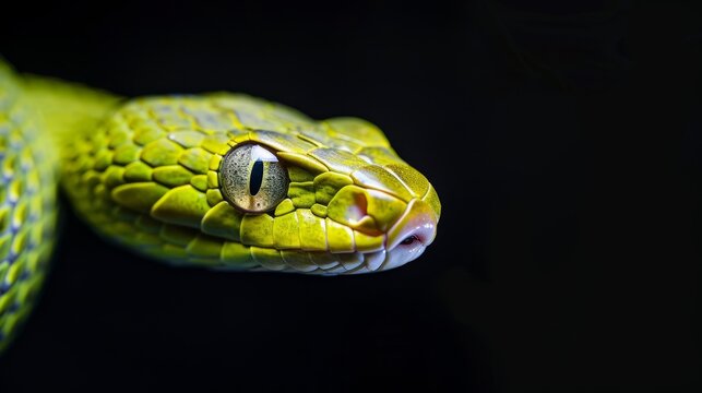 Close up of a green tree python with smooth scales, capturing the beauty and intricate details of this reptile in its natural habitat