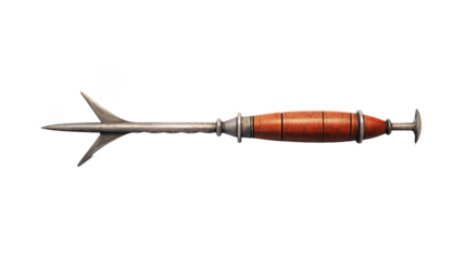 A wooden-handled sword resting on a transparent background	