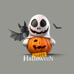 A scary smiling monster climbed a pumpkin, and a bat, 3D. Banner for Halloween advertising. Realistic image. Vector illustration.