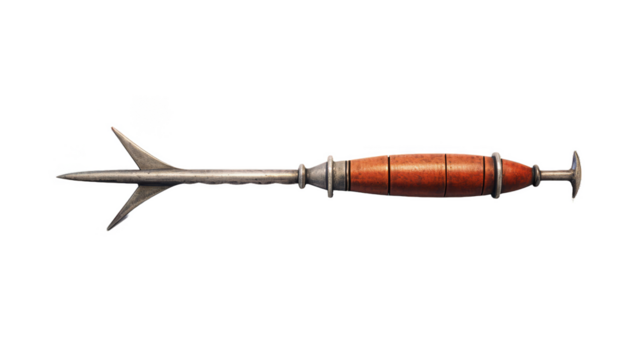 A wooden-handled sword resting on a transparent background	