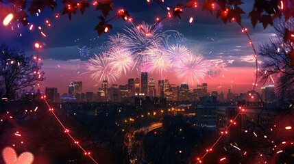 City Fireworks at Dusk with Heart Shape Illuminations