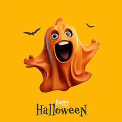 3D ghost flying and scary on Halloween. Realistic illustration with a scary, funny character face. Happy Halloween. Yellow banner for advertising goods and discounts. Vector illustration.