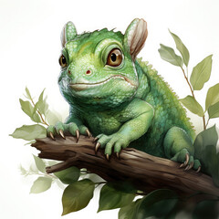 Watercolor Green color chameleon close up, clipart Illustration, Generative Ai