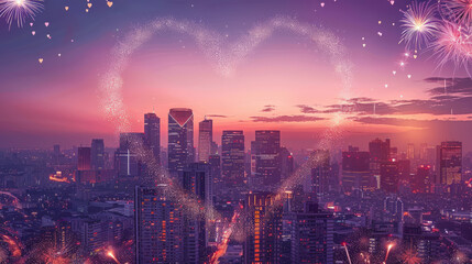 Fototapeta premium Love in the City: Stunning Sunset Fireworks Over Skyscrapers 