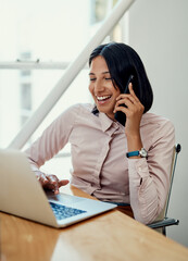 Obraz premium Business, woman and phone call with laptop in home office for communication, insurance query and technical support. Girl, technology and online for information for claim assistance and manage policy.