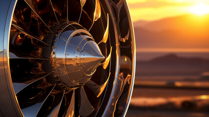 Extreme close up of a vintage jet engine blades that is attached to the wing; engine blades seen from the side, during sunset