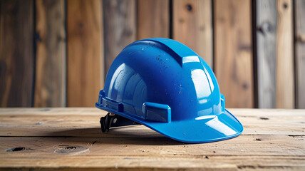 Construction safety concept and safety blue helmet on wooden table with wood background. Generative AI