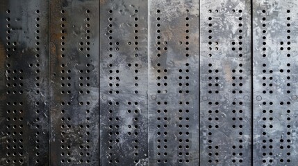 Close-up of a metal surface with a pattern of holes, suggesting a perforated metal sheet. The surface is weathered, with signs of rust and wear, indicating exposure to the elements