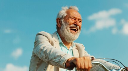 Active senior man with a long white beard joyfully cycling outdoors on a beautiful sunny day, embracing a vibrant retirement lifestyle