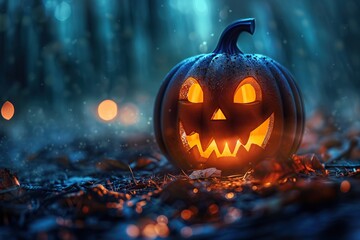 Glowing Jack O Lantern halloween pumpkin on white background