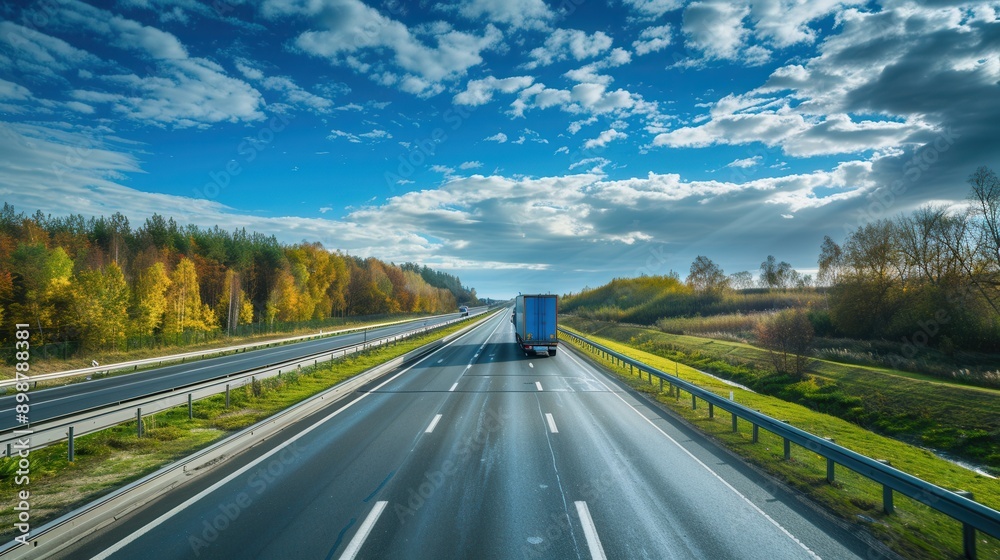 Aufkleber a blue semi-truck drives down a highway with trees lining the sides. the sky is blue with white fluf
