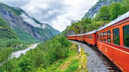 A red train is traveling through a mountainous area with lush green trees and a river. The train is surrounded by a beautiful landscape, and the mood of the image is peaceful and serene