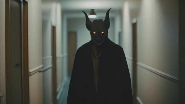 Dark, horned demon monster with glowing eyes walking in the corridor of a modern building. Sci-fi horror fantasy cinematic clip. Danger, supernatural concepts.