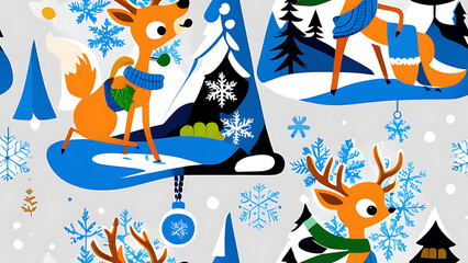 Illustration r&eacute;p&eacute;table d'une for&ecirc;t hivernale avec des animaux adorables