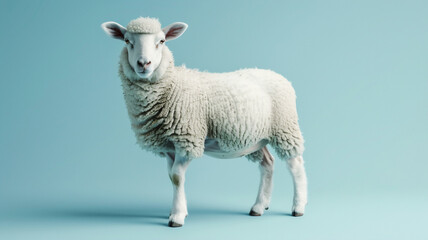 Fototapeta premium A cute adult sheep standing with an isolated blue background 