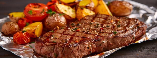  A steak, potatoes, and tomatoes on aluminum foil atop a wooden table - knife and fork present