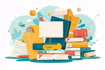 Stylish vector flat design banner template for a back-to-school sale event, featuring vibrant colors and playful graphics