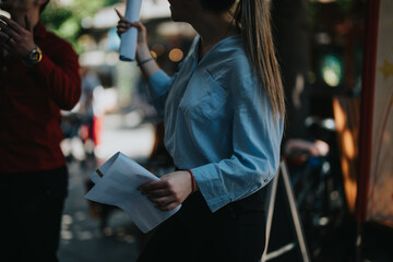 Young business professionals meeting outdoors, engaging in a dynamic discussion, exchanging ideas and plans. Casual outdoor business setting, teamwork and collaboration concept.