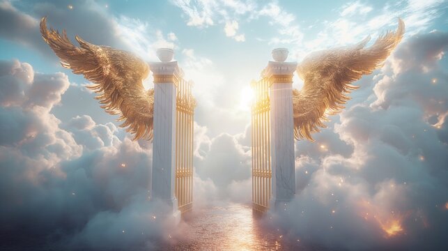 Gate to heaven with beautiful angelic wings