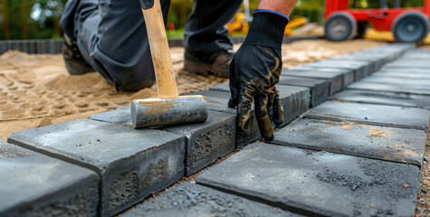 man laying concrete paving slabs for patio
