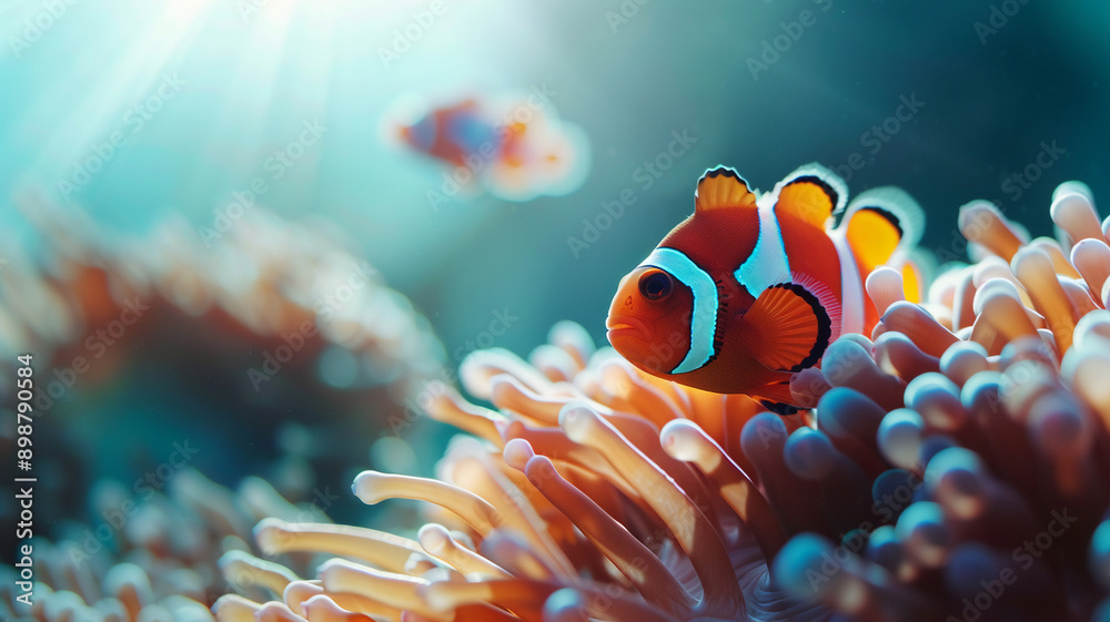 Wall mural A close-up two clownfish hiding a red anemone; an ocean background backlit 