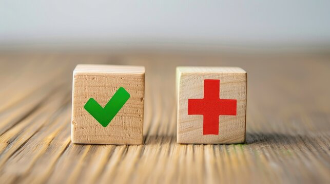 Advantages and disadvantages of green check mark and red cross on wooden blocks