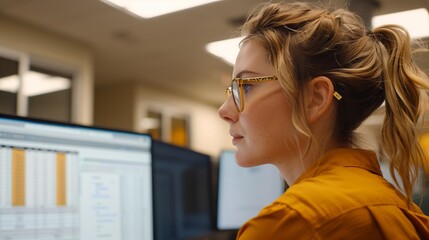 An accountant in a modern office setting works on a computer